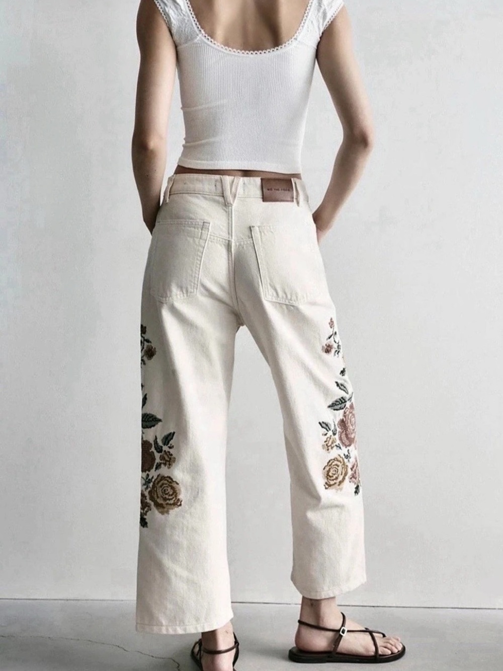 Free People Willow Wide Leg Floral Embroidered Combo Jeans Boho 28 Denim